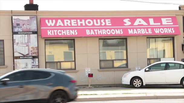 Warehouse Sale Kitchens Bathroom Marble Works Storefront Caption Writing Text — Stock Video