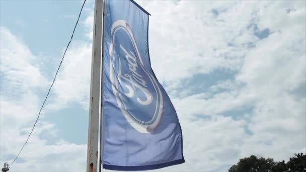 Ford Motorları Bayrak Logosu Rüzgarda Dalgalanırken Arka Planda Gökyüzü — Stok video