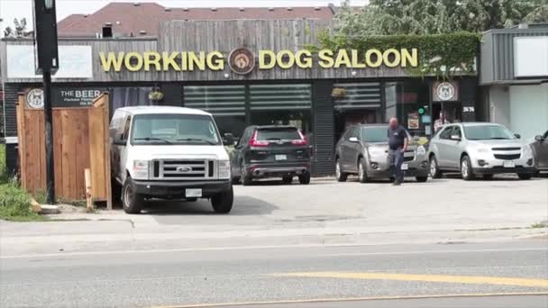 Werkende Hond Salon Ingang Met Bord Persoon Verlaten Invoeren Van — Stockvideo