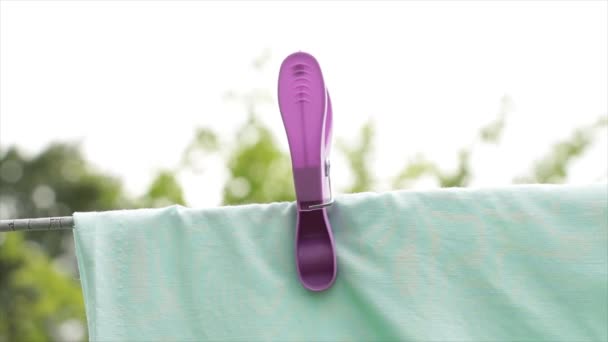 Світло Зелений Синій Простирадло Звисає Лінії Одягу Фіолетовим Пластиковим Затискачем — стокове відео