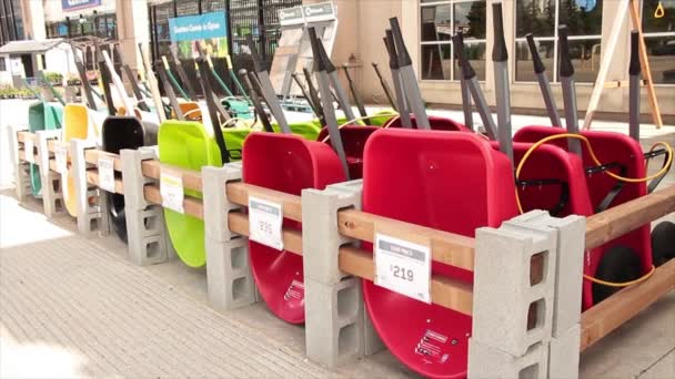Lines Rows Plastic Wheelbarrows Outdoors Display Price Tags Front Them — Stock Video