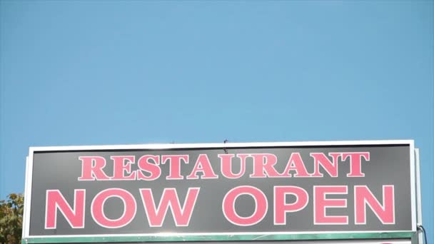 Restaurant Now Open Writing Caption Text Sign Blue Sky Tree — Stock Video