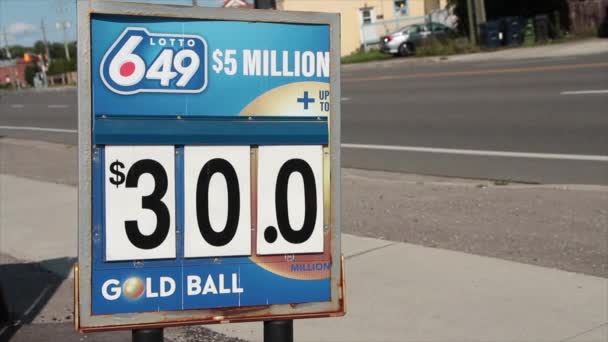 Lotto 649 Εκατομμύρια Δολάρια Τριάντα Δολάρια Χρυσό Σύμβολο Μπάλα Σήμα — Αρχείο Βίντεο