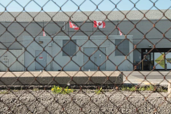 Quatro Bandeiras Canadenses Lado Uma Outra Telhado Com Parede Azul — Fotografia de Stock