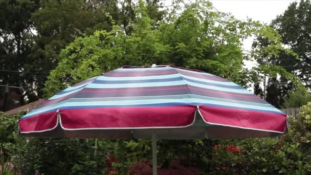 Dışarıda Açık Teras Masası Şemsiyesi Ağaçlar Çalılar Gökyüzü Kırmızı Mavi — Stok video