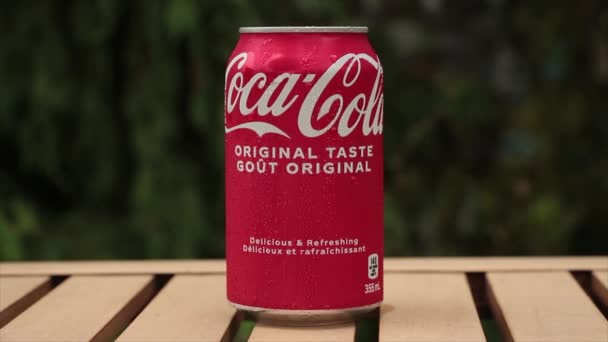 Coca Cola Originele Smaak Kan Cola Frisdrank Pop Buiten Lichtbruine — Stockvideo