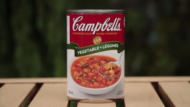 キャンベルの凝縮されたスープ野菜は後ろの緑が付いている明るい茶色のテーブルの屋外でできま閉めます — ストック動画