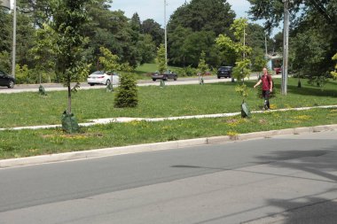 Arka planda yükselen sokak yolu ile ön planda yan cadde yolu diğer tarafta ağaçlar ve araçlar ve yürüyen insanlar ile ada tarafından ayrılmış