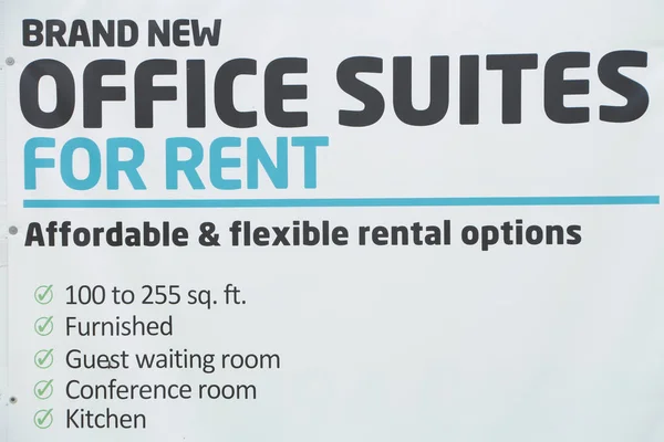 brand new office suites for rent affordable and flexible rental options 100 to 155 sq ft furnished guest waiting room conference room kitchen writing caption text sign, white black and blue