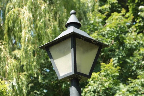 Uitgeschakeld Zwarte Lamp Lantaarnpaal Met Bomen Achter Het Park Buiten — Stockfoto