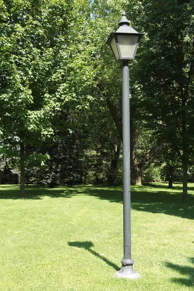 Uitgeschakeld Zwarte Lamp Lantaarnpaal Met Bomen Achter Het Park Buiten — Stockfoto