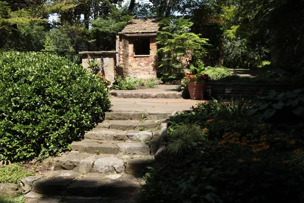緑の植物に囲まれた上に覆われた小さな別荘の家が付いている石のコンクリートのセメントのステップ — ストック写真