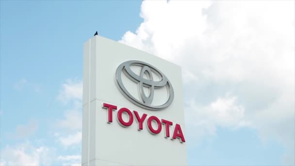Toyota Λογότυπο Υπογράψει Λευκό Πυλώνα Στην Αντιπροσωπεία Πουλί Στην Κορυφή — Αρχείο Βίντεο