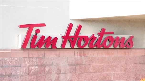 Tim Hortons Red Logo Writing Caption Text Exterior Outdoors Mounted — Stock Video