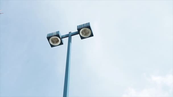 Blue Tall Light Post Two Turned Circle Pot Light Squares — Stock Video