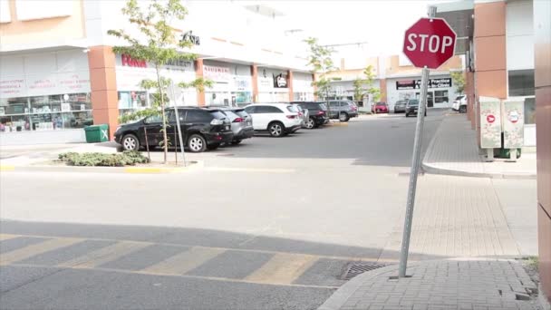 Mały Miniaturowy Znak Stopu Metalowym Słupku Zewnątrz Centrum Handlowym Parking — Wideo stockowe
