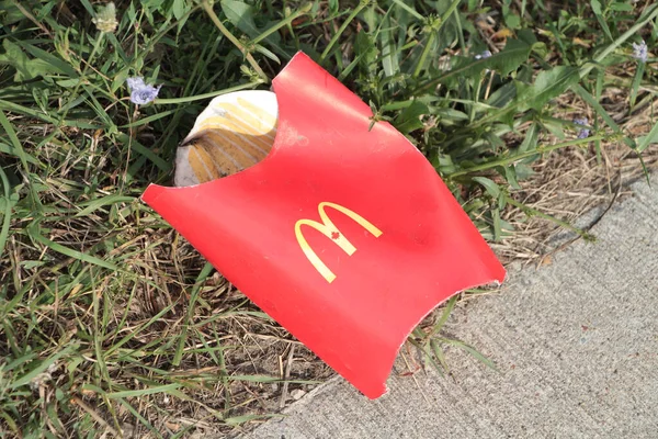Mcdonalds红色垃圾薯条纸盒弯下腰 脏兮兮的 草地上的标志在水泥路面混凝土旁边 — 图库照片