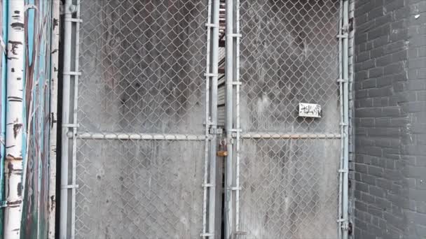 旧的破旧不堪的银色栅栏门锁着两个灰色的夏天在外面 — 图库视频影像