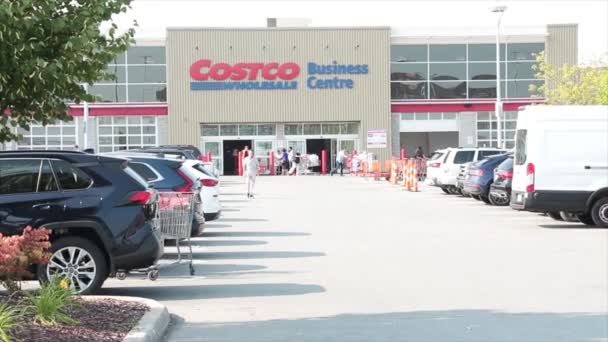 コストコ卸売ビジネスセンター 夏の前に駐車場を備え 1人が店から離れ もう1人がカートや車でそれに向かってトラフィック — ストック動画