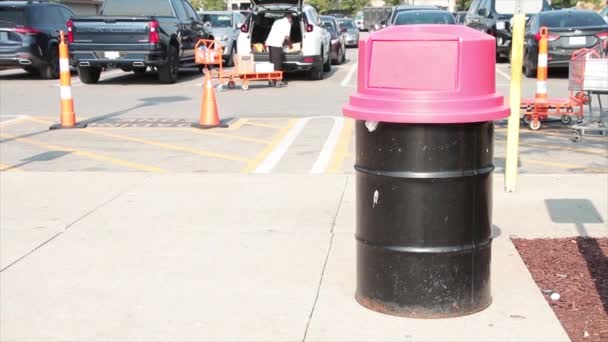 Metal Circle Cylinder Black Trash Bin Garbage Disposal Red Top — Stock Video