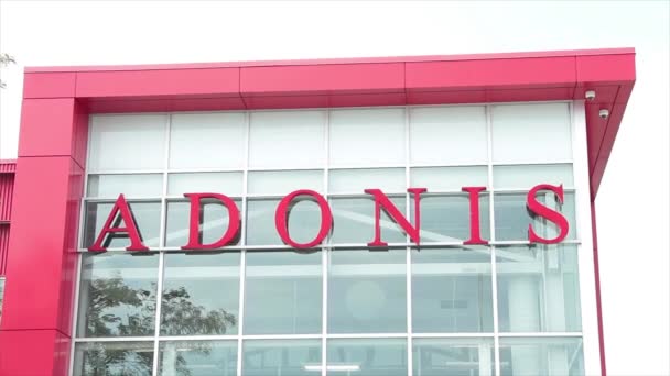 Адоніс Середземноморський Ринок Супермаркетів Знак Магазину Логотип Пише Перед Скляними — стокове відео