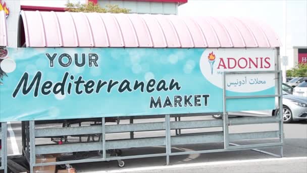 Adonisのスーパーマーケットの食料品 地中海の市場の店 ショッピング カートのバギーの角のテントの雨のカバー 車の車が渡るロゴが付いている駐車場の外で — ストック動画