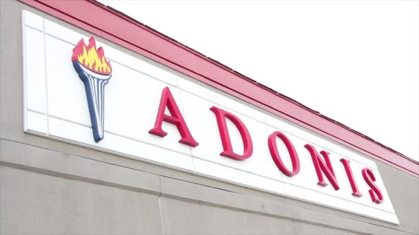 Adonis Mediterranean Supermercado Supermercado Mercearia Sinal Logotipo Parede Loja Com — Vídeo de Stock
