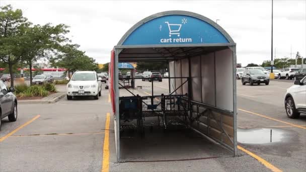 Alışveriş Arabası Arabası Yağmur Tepe Örtüsü Dış Otoparkın Kapağı Walmart — Stok video
