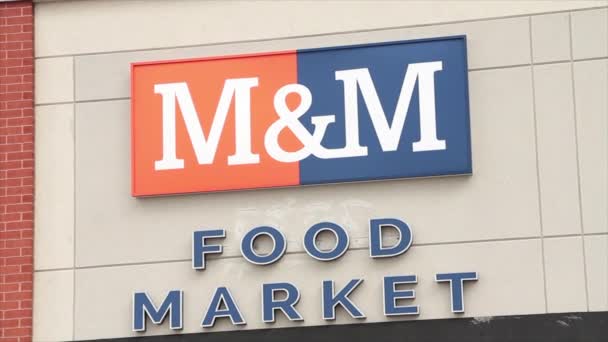 Logotipo Del Letrero Del Mercado Alimentos Exterior Tienda Naranja Azul — Vídeo de stock