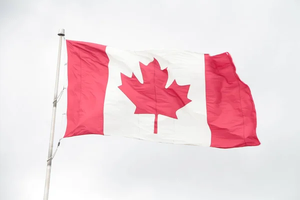 canada canadian flag blowing waving in wind on flagpole with sky behind with top right crinkled, close up