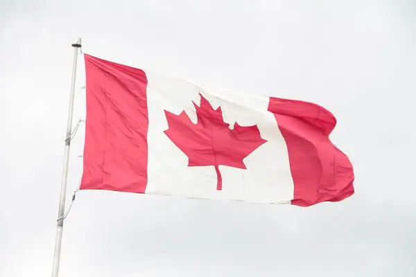 canada canadian flag blowing waving in wind on flagpole with sky behind with right middle side crinkled, close up