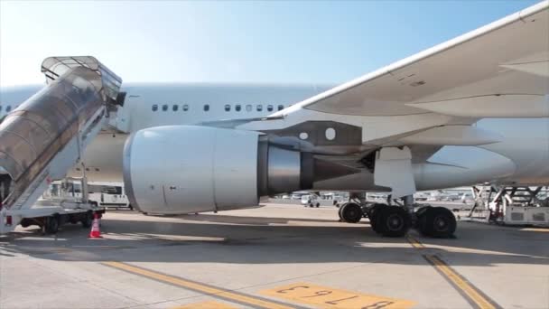 Nsanlarla Dolu Bir Uçak Pistten Iniyor Aydınlık Bir Günde Yanındaki — Stok video