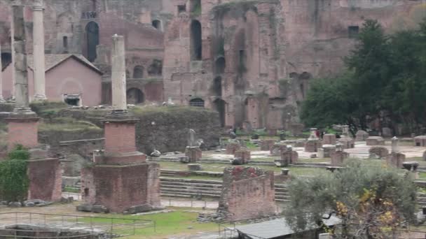 Римський Італійський Римські Стародавні Руїни Зліва Направо Храмом Веспасіанського Титану — стокове відео