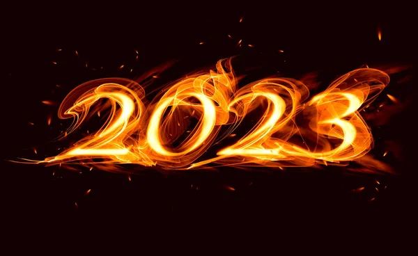 Fiery Numbers 2023 Sparks Smoke Black Background — Stock Photo, Image