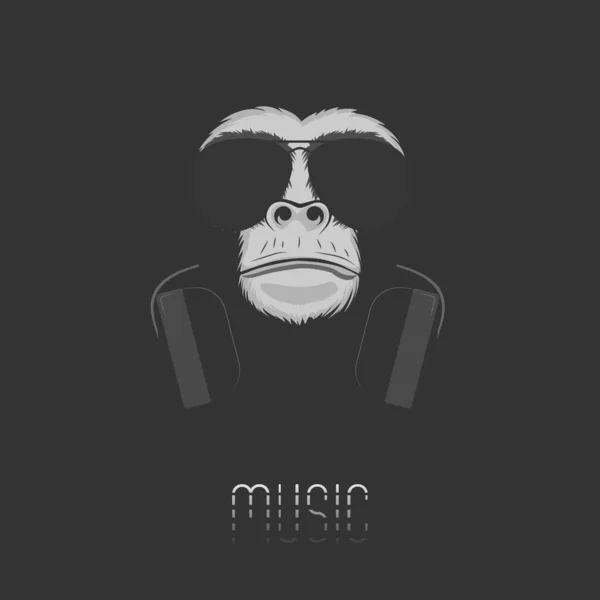 Logotipo Musical Macaco Chimpanzé Fones Ouvido Óculos Sol Fundo Preto — Vetor de Stock