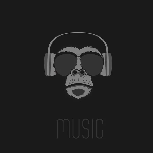 Logotipo Musical Macaco Chimpanzé Fones Ouvido Óculos Sol Fundo Preto — Vetor de Stock