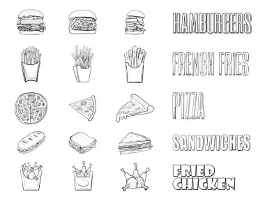 Tek elle çizilen fast food yemeklerinin 15 vektör görüntüsü..