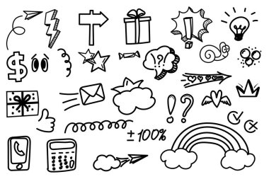 Arkaplan için çizilmiş oklar, kanatlar, kalpler, simgeler, duygular, soyutlamalar