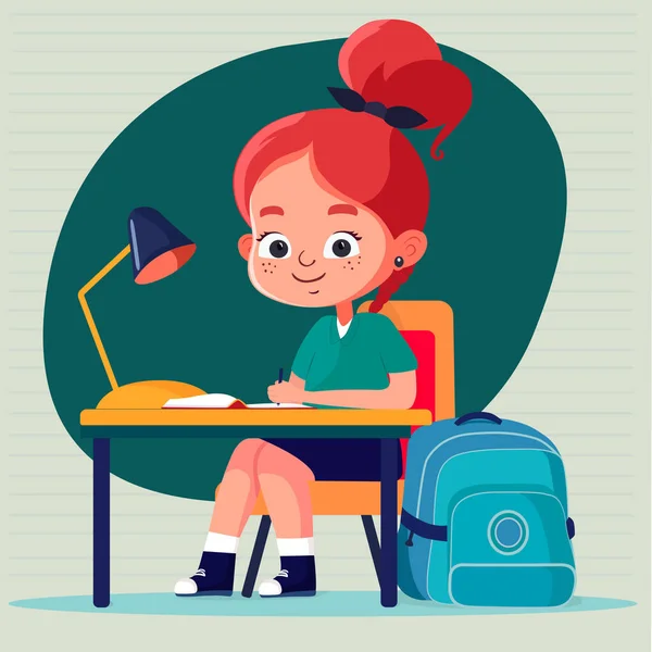 Girl School Sitting Desk Writing Textbook — Stock Vector