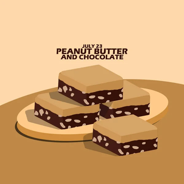 stock vector Delicious Peanut Butter and Chocolate cake snack served on a wooden plate on brown table and bold text on light brown background to celebrate Peanut Butter and Chocolate Day on July 23