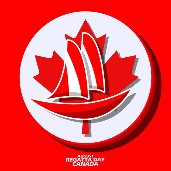 stock vector Icon of a sailing ship with Maple leaf symbol of the country of Canada on circle board, with bold text on red background to commemorate Regatta Day on August 2 in Canada