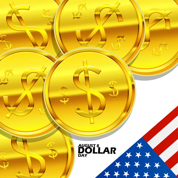 8月8日のドルの日を記念して アメリカ国旗と太字の白い背景の文字が刻まれたドル記号を持つ金貨 — ストックベクタ