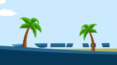Palmiye ağaçları ve dalgalı deniz suyu animasyonu, 2d animasyon, animasyon arka planı 4k ile dolu bir sahilde deniz suyuyla dolu bir OCEAN kelimesi.