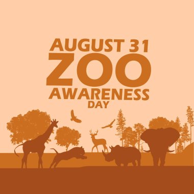 31 Ağustos 'taki Ulusal Hayvanat Bahçesi Farkındalık Günü anısına açık kahverengi arkaplan üzerine kalın yazıları olan bazı vahşi hayvan siluetlerinin tasviri