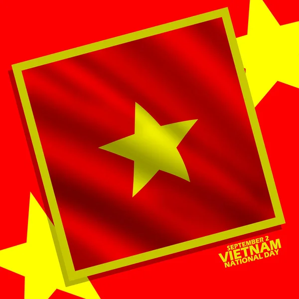 Σημαία Βιετνάμ Κυματίζει Ένα Πλαίσιο Κίτρινα Αστέρια Και Τολμηρό Κείμενο — Διανυσματικό Αρχείο