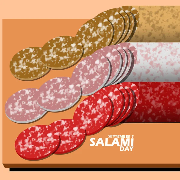 Некоторые Обработанное Мясо Названием Салями Различными Вкусами Деревянной Тарелке Смелым — стоковый вектор