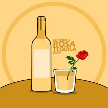 Masanın üzerinde bir bardak ve bir şişe Rosa Tekila, açık kahverengi arka planda koyu renkli bir gül ile 14 Eylül 'deki Ulusal Rosa Tekila Günü anısına.