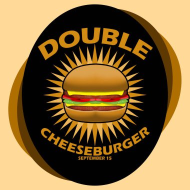 15 Eylül 'de National Double Cheeseburger Günü' nü kutlamak için açık kahverengi arka planda siyah oval çerçeveli, leziz bir Double Cheeseburger.