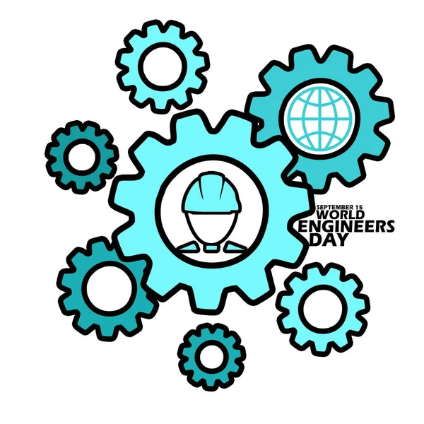 15 Eylül 'de Dünya Mühendisleri Günü' nü anmak için beyaz bir arkaplan üzerinde cesur bir yazı bulunan çeşitli boyutlarda mavi vites simgesi ve bir mühendis simgesi