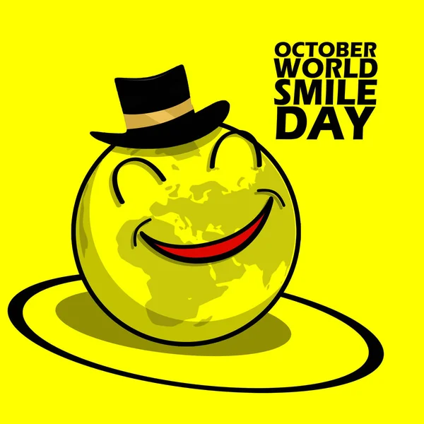 10月のワールドスマイルデーを記念する黄色の背景に大胆なテキストで黒い帽子を被る笑顔の地球 — ストックベクタ